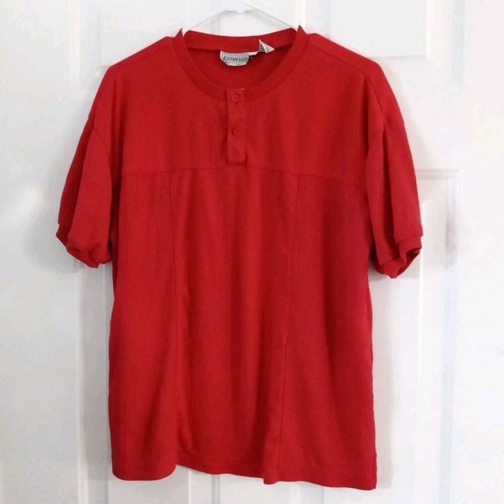 VTG Expressions Red Henley With Thermal Knit Accents Men's Size XL